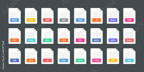Set file icon. File and document formats in flat style design. Popular file types icon design. Video, audio, system, image, archive template design set. Vector illustration