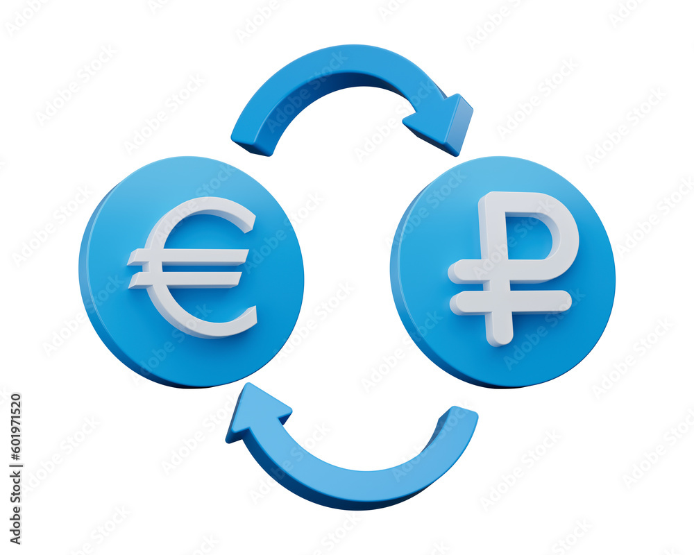3d White Euro And Ruble Symbol On Rounded Blue Icons With Money Exchange Arrows, 3d illustration 3d White Euro And Ruble Symbol On Rounded Blue Icons With Money Exchange Arrows, 3d illustration