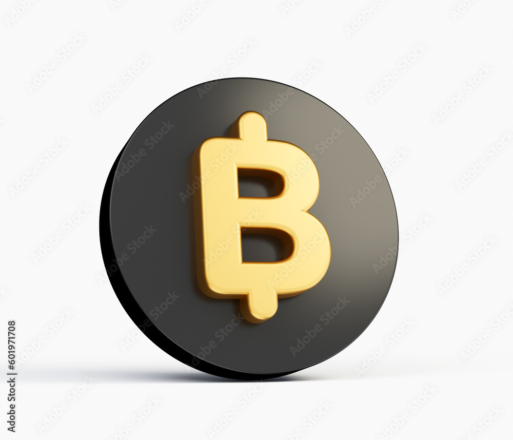 3d Golden Thailand Baht Symbol With Rounded Black Icon On White Background, 3d illustration 3d Golden Thailand Baht Symbol With Rounded Black Icon On White Background, 3d illustration