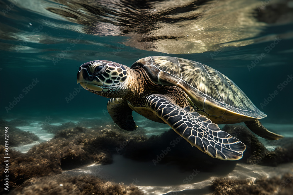 Fototapeta premium Graceful Turtle Swimming in Clear Waters - Captured by Generative AI 