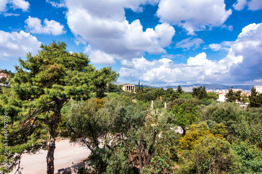 Remote view of the temple of Hephaestus in Ancient Agora, Athens, Greece