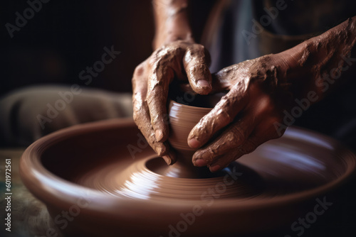 Person making vase on potter's wheel with their hands. Generative AI.