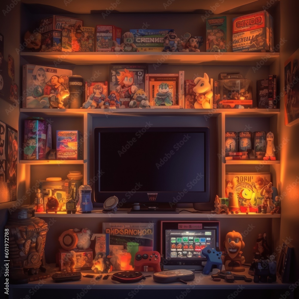 Retro game room, room for playing classic video games, 80s and 90s. Arcade machines, game consoles, nostalgic decor. Generative AI