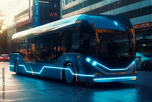 Futuristic bus on city street with buildings in the background at night. Generative AI.