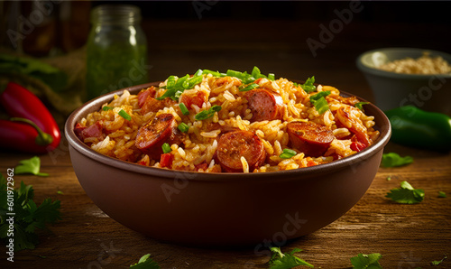 Brown bowl filled with rice, sausage and green onions on top of wooden table. Generative AI.