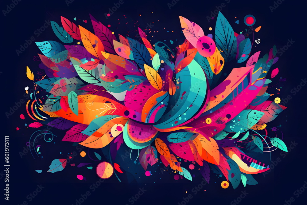 Bunch of colorful feathers flying through the air on dark background with splash of paint. Generative AI.