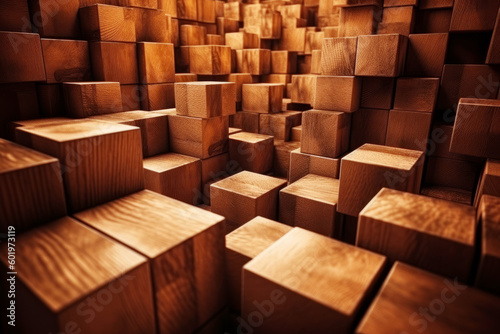 Room filled with lots of wooden cubes on top of each other. Generative AI.
