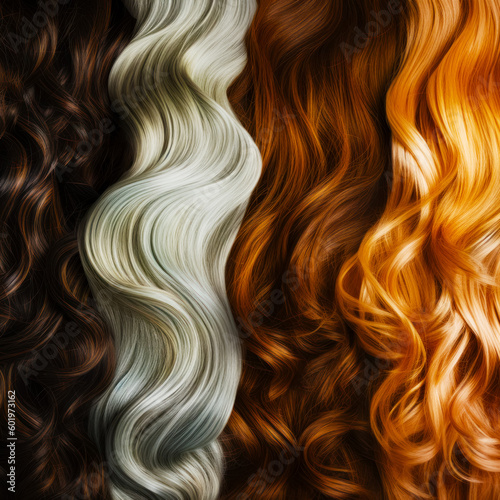 Row of different colored wavy hair on black and white background with red, orange, and yellow color scheme. Generative AI.