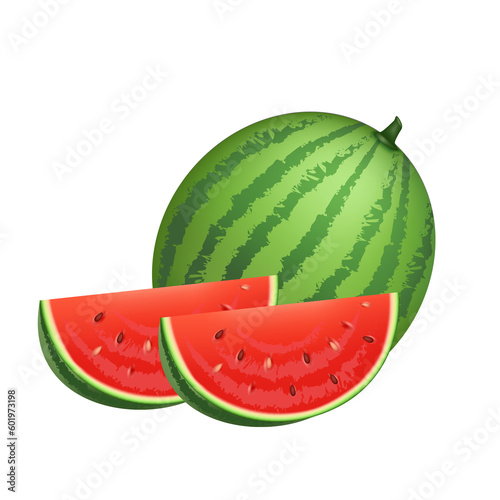Fresh ripe juicy red watermelon whole and sliced. Organic fruit. PNG 3d illustration isolated on transparent background.