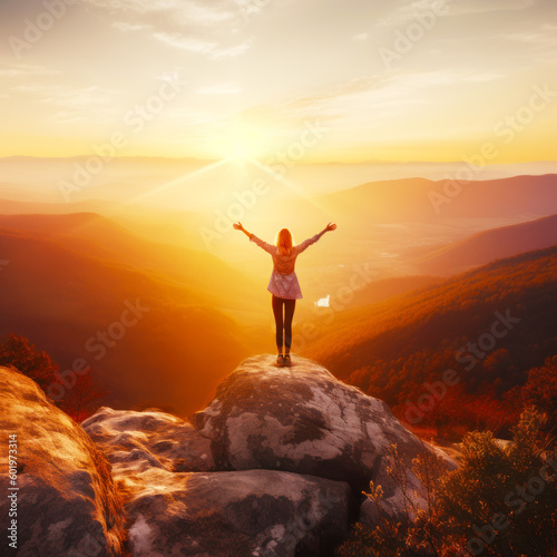 Woman standing on top of mountain with her arms outstretched in the air. Generative AI.