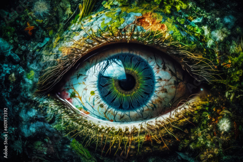 Close up of eye with plants growing on the outside of it. Generative AI.