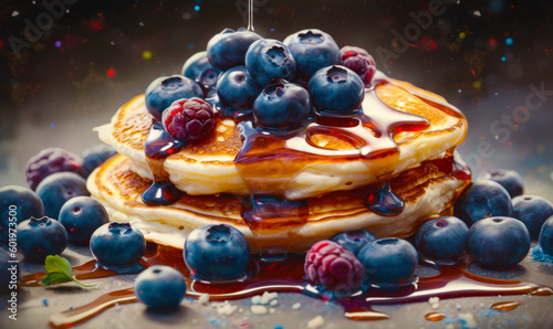 Stack of pancakes with blueberries and syrup on top of table. Generative AI.