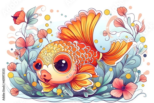 Goldfish with flowers and butterflies on blue background with white border. Generative AI.