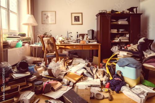 Messy living room with messy desk and lot of clutter on the floor. Generative AI.