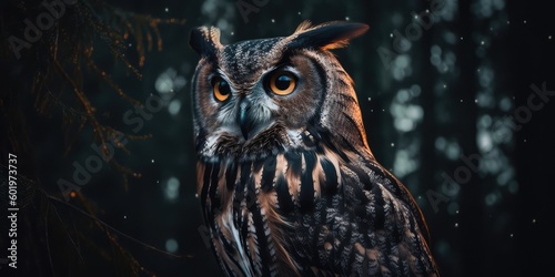 The owl surrounded by forest at night. distinct generative AI image. photo