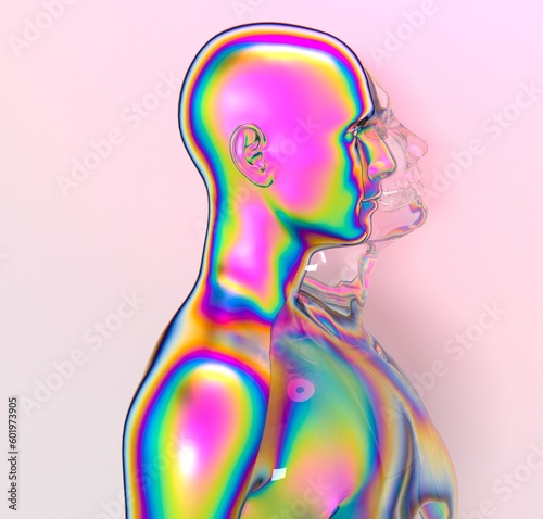 Surrealistic conceptual 3D illustration of a man and his transparent soul or astral projection.