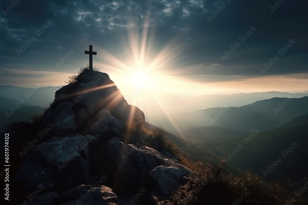 religious symbol of Christian faith is cross crucifixion on the top of mountain. Generative AI illustration