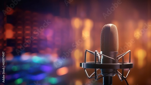 studio microphone on background with bokeh . sound recording equipment. Generative AI