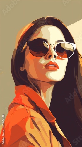 woman vacation poster style design fashion illustration girl portrait modern glasses. Generative AI.