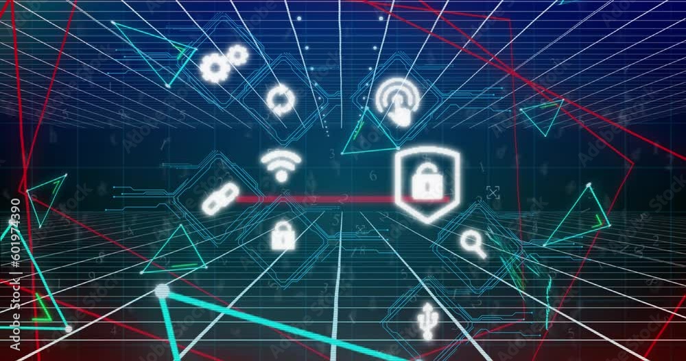 Animation of digital icons and plexus networks over grid network on blue background Animation of digital icons and plexus networks over grid network on blue background