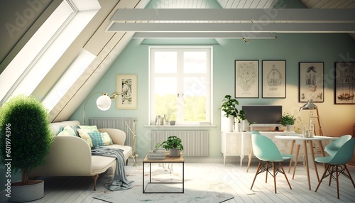 nice room in the attic, soft colors, modern style