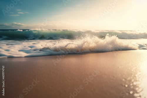 A picturesque sandy beach overlooking the glistening sea perfect for a summer getaway. Waves crashing on the coastline as the sun sets in a beautiful seascape. Ai generative.
