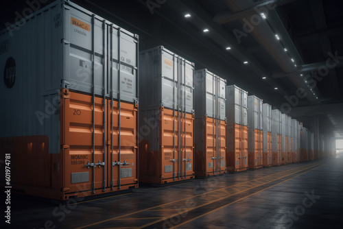 Big cargo warehouse for fast delivery and business success. The spacious indoor storage room offers plenty of space for cargo containers and transportation industry needs. Ai generative.