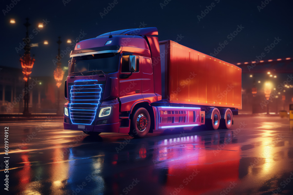 Truck and cargo in motion make a neon-lit delivery Ai generative. Truck and cargo in motion make a neon-lit delivery Ai generative.