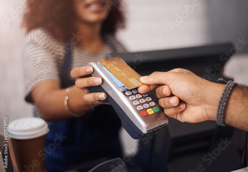 Credit card machine, cafe and hands of customer for b2c shopping, point of sale transaction and finance. Closeup, nfc and contactless payment in coffee shop at cashier, rfid technology and services