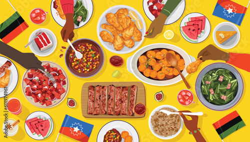 Happy Juneteenth, Top view family dining together. Vector