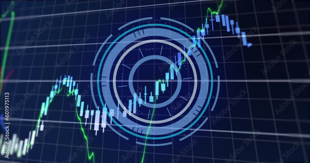 Animation of round scanner and financial data processing over grid network against blue background Animation of round scanner and financial data processing over grid network against blue background