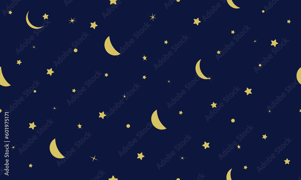 Midnight blue sky with yellow moons and stars seamless pattern. Vector Repeating Background.