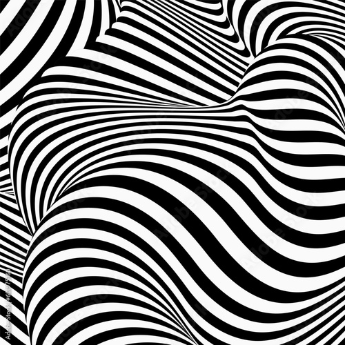 Abstract pattern with black and white wavy lines. Optical illusion. Modern design, graphic texture. © lesikvit