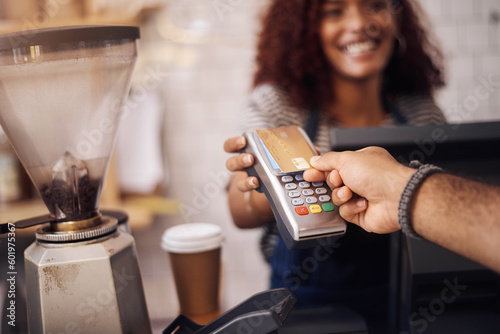Fotografiet Credit card, nfc and hands of customer in cafe for b2c shopping, point of sale transaction or finance