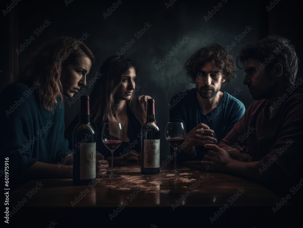 A dramatic and moody portrayal of a group of friends sharing a bottle of red wine together. Generative AI