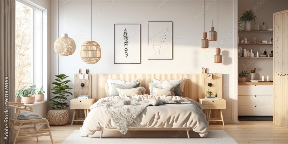 Scandinavian style bedroom with natural wood furniture Generative AI - obrazy, fototapety, plakaty 