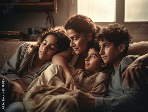 A warm and cozy image of a Hispanic family cuddled up on a couch, watching a movie together. Generative AI