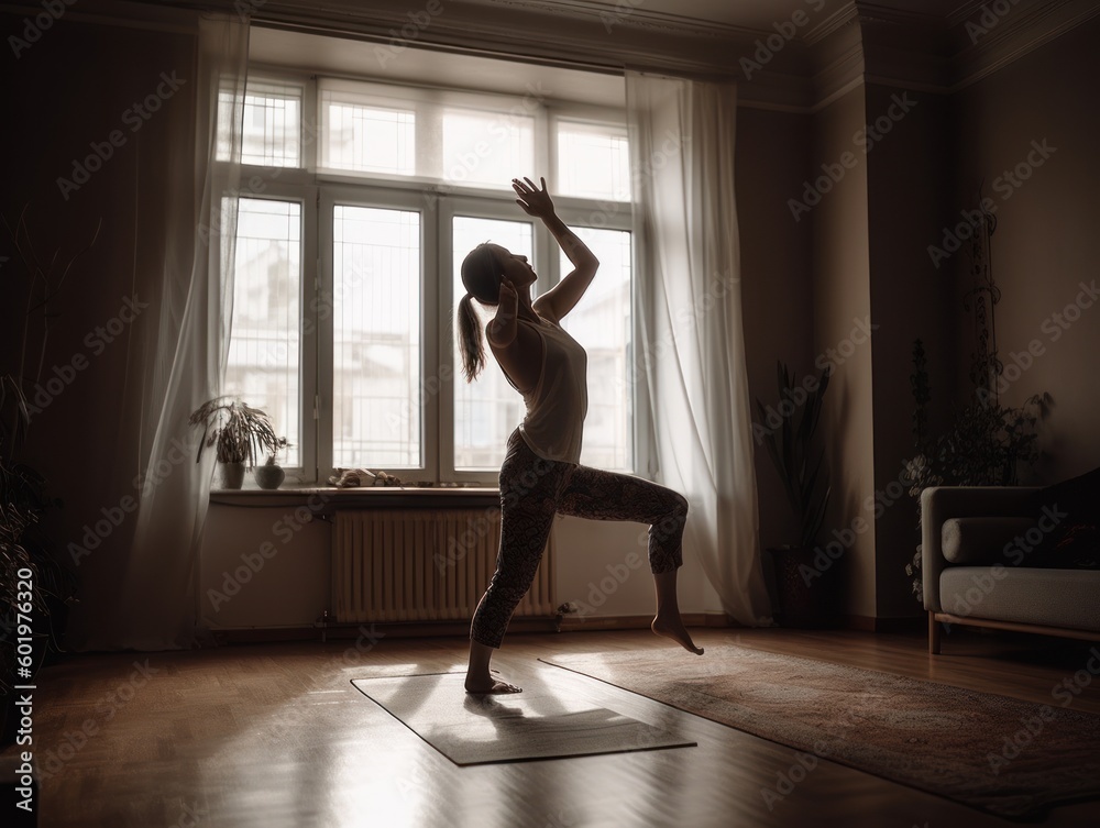 Bring a sense of calm to any space with a calming Hatha Yoga session at home, with muted earthy tones and natural lighting. Generative AI Bring a sense of calm to any space with a calming Hatha Yoga session at home, with muted earthy tones and natural lighting. Generative AI