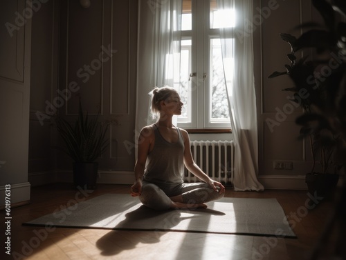 Bring a sense of calm to any space with a calming Hatha Yoga session at home, with muted earthy tones and natural lighting. Generative AI