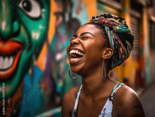 Candid shot of a vivacious African woman, laughing and flashing her pearly whites while posing in front of colorful street art. Generative AI © Matyfiz