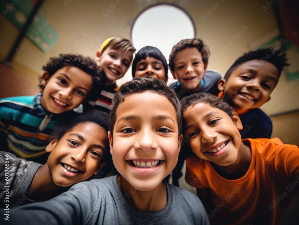 A fun and lighthearted group selfie of elementary school students taken by a school staff using a professional camera. Generative AI A fun and lighthearted group selfie of elementary school students taken by a school staff using a professional camera. Generative AI