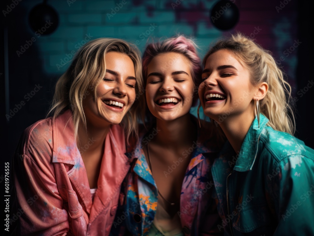 Playful and upbeat image of three young women enjoying each other's company in a stylish sports studio. Generative AI