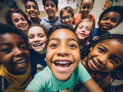 A fun and lighthearted group selfie of elementary school students taken by a school staff using a professional camera. Generative AI
