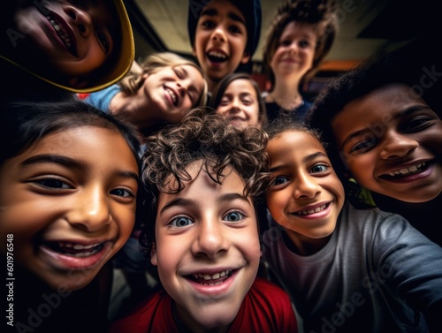 A fun and lighthearted group selfie of elementary school students taken by a school staff using a professional camera. Generative AI