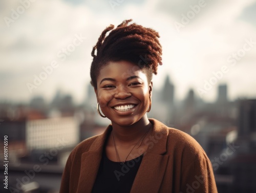 Portrait of a radiant African woman with a megawatt smile, standing confidently in front of an urban skyline. Generative AI