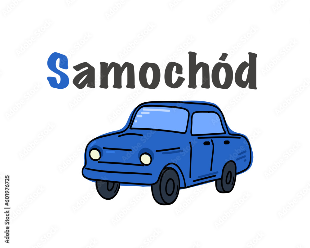 Polish alphabet with car picture. Translation from Polish: car. vector cartoon hand drawn illustration