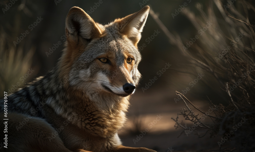 Fototapeta premium close up photo of jackal on blurry forest background. Generative AI