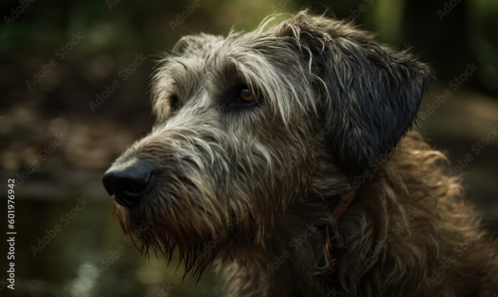 close up photo of Irish wolfhound on blurry forest background. Generative AI close up photo of Irish wolfhound on blurry forest background. Generative AI