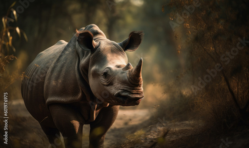 sunset photo of Indian rhinoceros in its natural habitat. Generative AI © Bartek