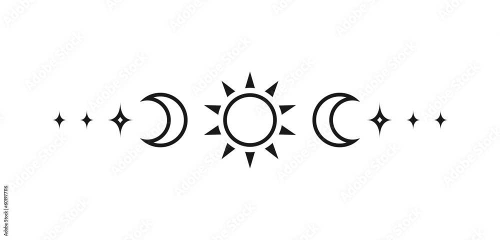 Celestial text divider with sun, stars, moon phases, crescents. Ornate boho mystic separator decorative element Celestial text divider with sun, stars, moon phases, crescents. Ornate boho mystic separator decorative element